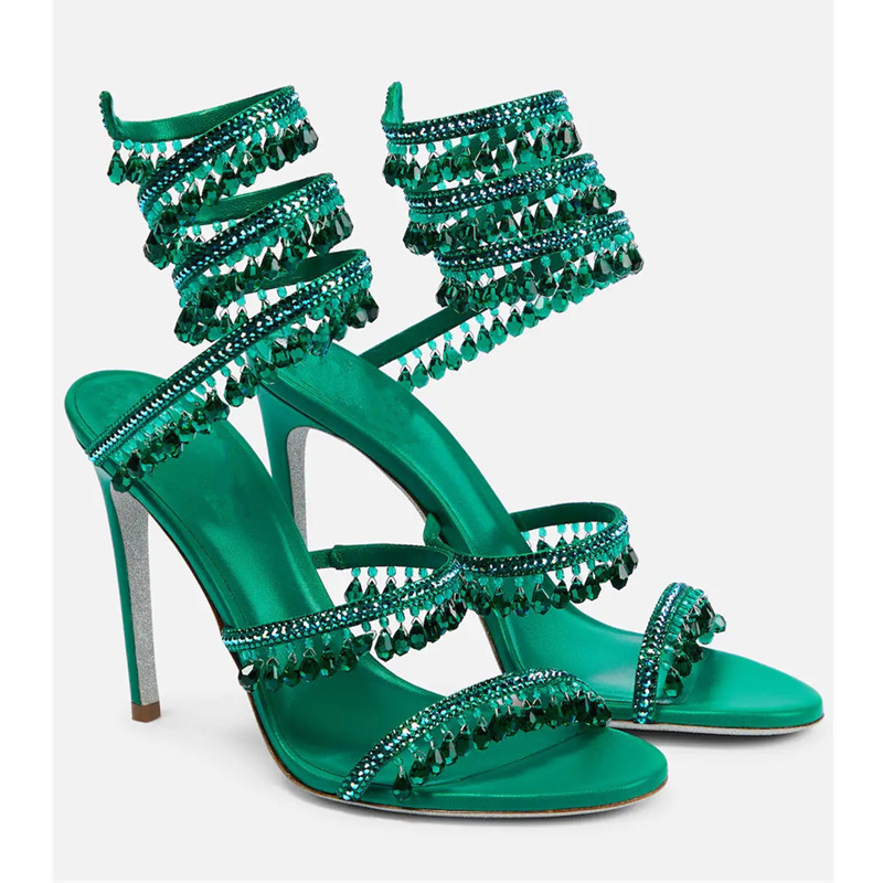 Peep Toe Heels - รองเท้าส้นสูงประดับคริสตัลสีเขียวแบบเซ็กซี่สำหรับผู้หญิง หัวกลม เปิดนิ้วเท้า ประดับด้วยเพชรเทียม เหมาะสำหรับงานปาร์ตี้