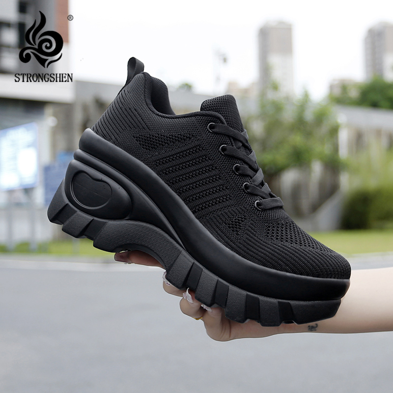 Women Shoes Qc - Strongshen รองเท้าผ้าใบผู้หญิงส้นตึก, รองเท้าผ้าใบ8ซม. รองเท้าส้นตึกระบายอากาศได้สูงเพิ่มความสูงให้กับรองเท้าวิ่งกลางแจ้ง