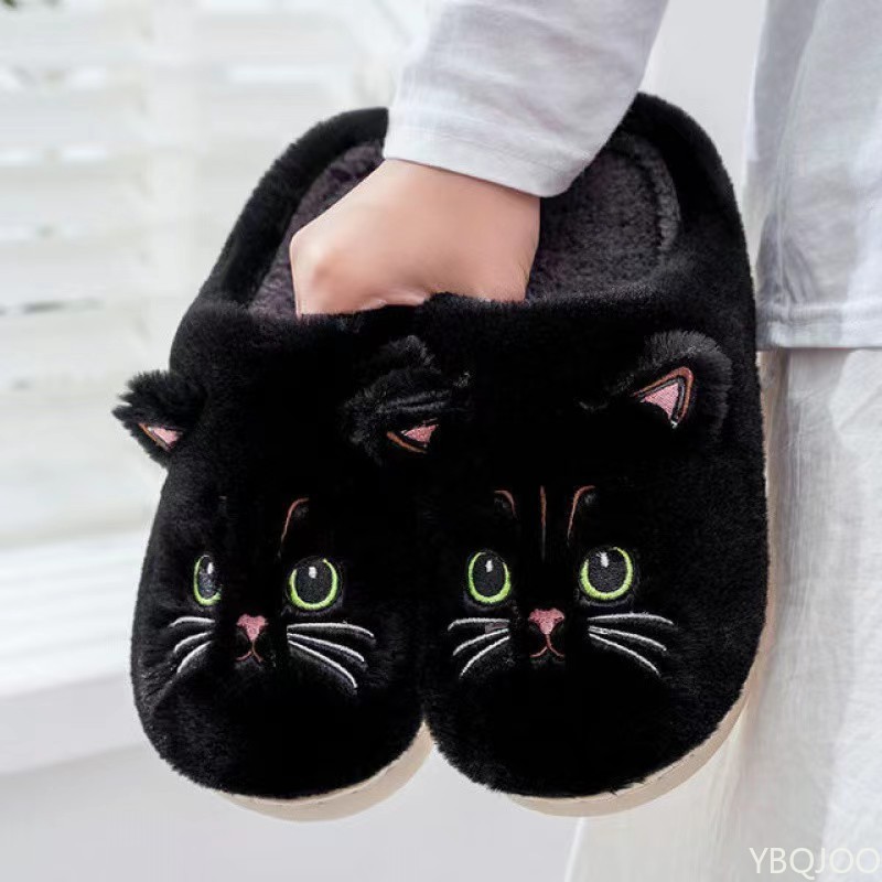 Women Shoes Size To Men - รองเท้าแตะผ้าฝ้ายสำหรับฤดูใบไม้ร่วงและฤดูหนาวแบบใหม่ สำหรับผู้ชายและผู้หญิง ลายการ์ตูนแมวน่ารัก ใส่ในบ้าน พื้นเรียบ อุ่นสบาย