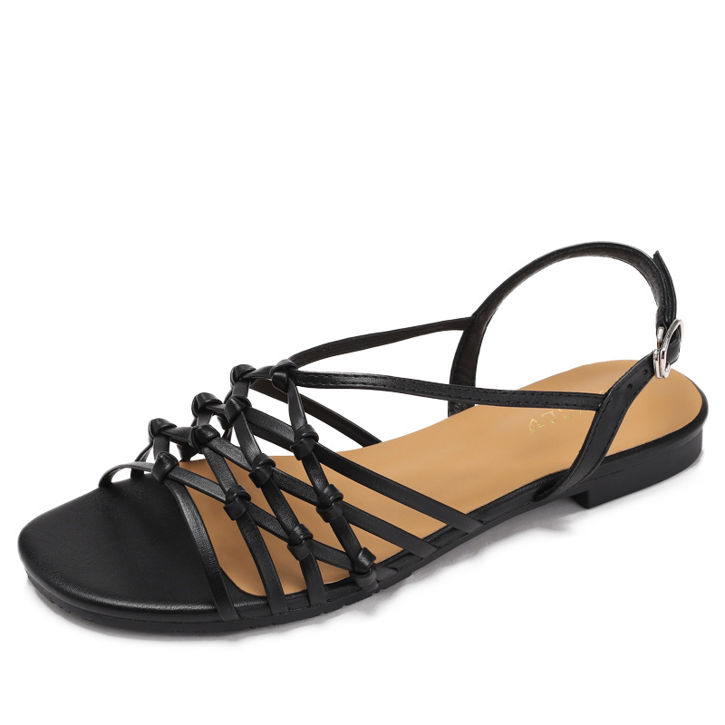 Women'S Shoes Hands Free - รองเท้าแตะรัดส้นแบบโรมันสำหรับผู้หญิง สายรัดแคบ ทอมือ ลายฤดูร้อน หัวกลม สายรัดหลัง