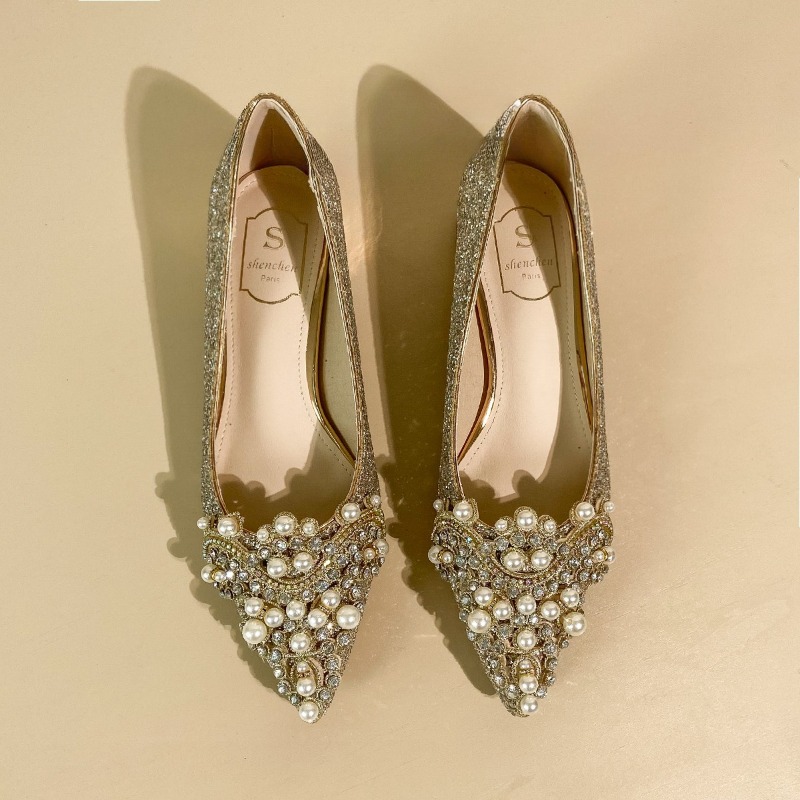 Women'S Shoes Non Slip - รองเท้าส้นตึกประดับคริสตัลหรูหรา ปลายแหลม เปิดส้น สวมใส่ง่าย ไม่ลื่น