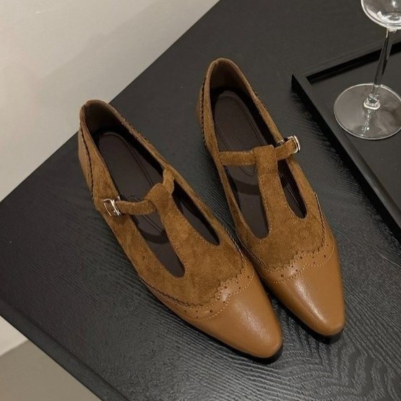 Women'S Shoes Non Slip - รองเท้าส้นเตี้ยแบบสายรัดข้อเท้าเดียว รุ่นใหม่สำหรับฤดูใบไม้ร่วง หัวแหลม ปากตื้น ผ้าหนังกลับผสม พื้นนุ่มกันลื่น