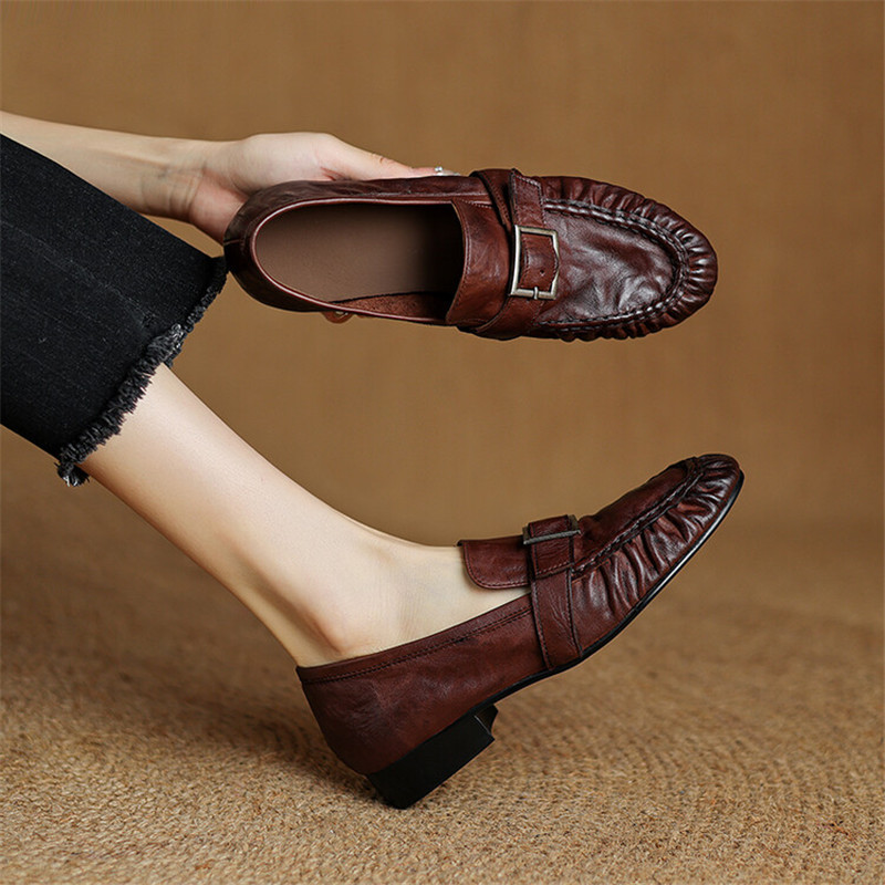 Women'S Shoes Large - รองเท้าส้นเตี้ยสำหรับผู้หญิง, ใหม่ฤดูใบไม้ร่วงรองเท้าหนังแท้สตรีรองเท้าบูทหุ้มข้อจีบรอบส้นหนารองเท้าโลฟเฟอร์ผู้หญิง