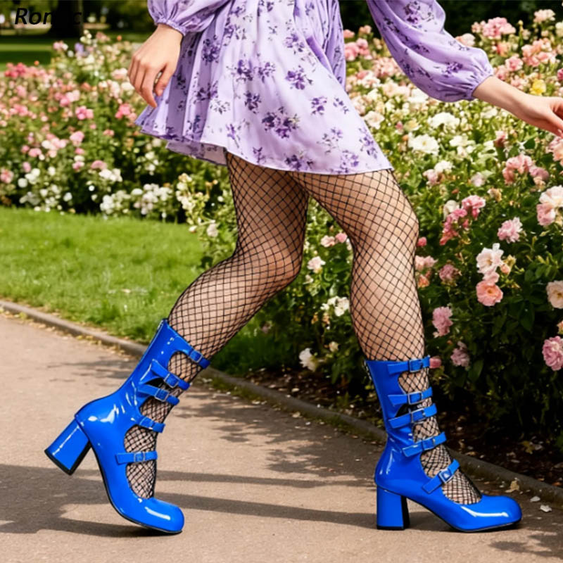 Women'S Shoes Navy Blue - รองเท้าบูทหนังแก้วสีน้ำเงินสไตล์โกธิค - รองเท้าบูทข้อเท้าทำมือพร้อมสายรัดหัวเข็มขัด - รองเท้าส้นตึกสไตล์โลลิต้าสำหรับผู้หญิง ไซส์