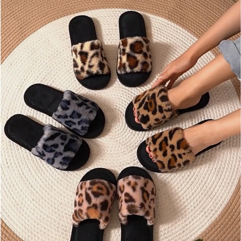 Women'S Shoes For Flat Feet - รองเท้าแตะขนเฟอร์ลายเสือดาวสำหรับฤดูหนาวปี 2025 นุ่ม อุ่น น้ำหนักเบา ส้นแบน