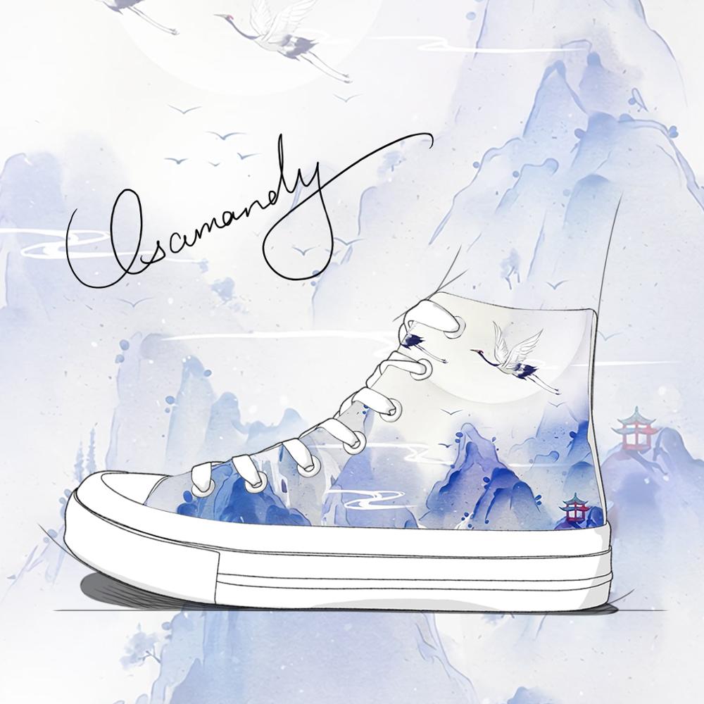 Women'S Shoes Hands Free - Amy และ Michael แฟชั่น Chinoiserie ภาพวาดหมึกผ้าใบรองเท้าสบายๆรองเท้าผ้าใบทาสีมือผู้หญิงสุภาพสตรี
