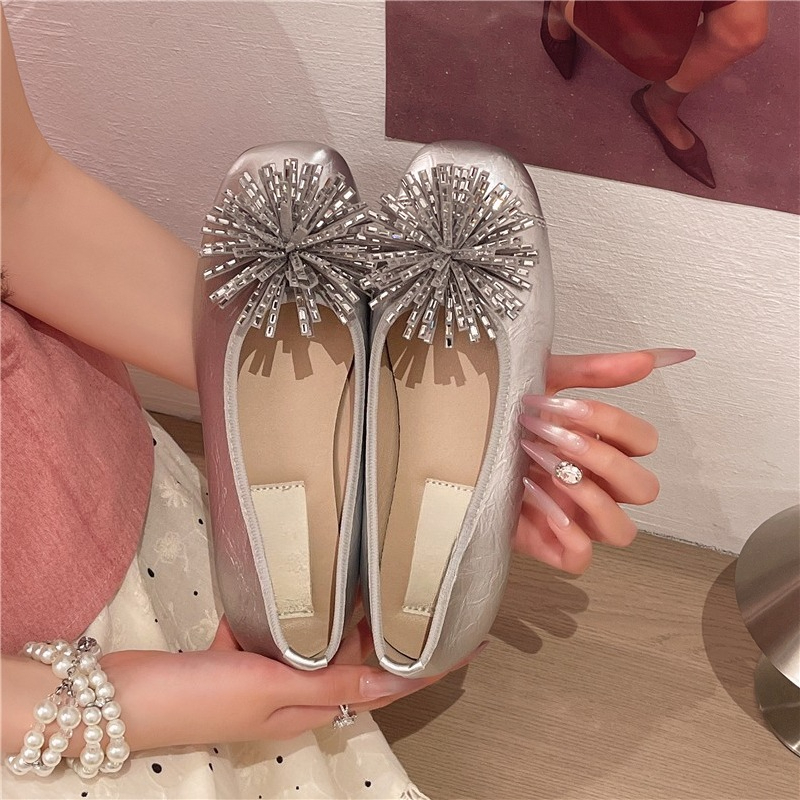 Women'S Shoes Non Slip - รองเท้าส้นเตี้ยแบบสวม รุ่นใหม่สำหรับฤดูร้อน หัวเหลี่ยม ปากตื้น ประดับดอกไม้คริสตัล พื้นนุ่มกันลื่น