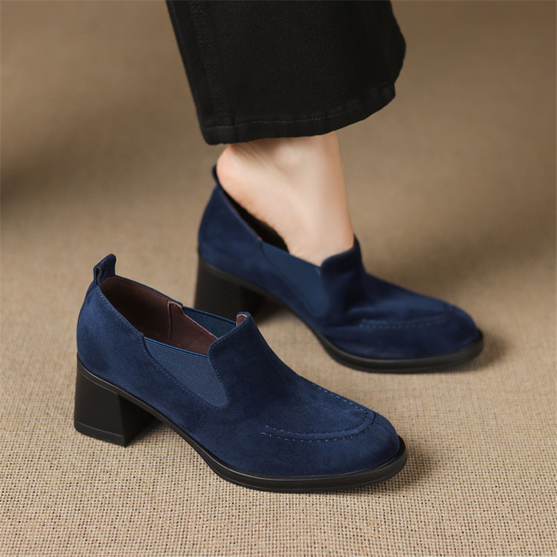 Women'S Shoes Navy Blue - รองเท้าผู้หญิงหนังแกะแบบใหม่สำหรับฤดูใบไม้ผลิ/ฤดูใบไม้ร่วง แฟชั่นย้อนยุค หัวกลม ส้นสูง รองเท้าผู้หญิงแบบปั๊ม ทำมือ