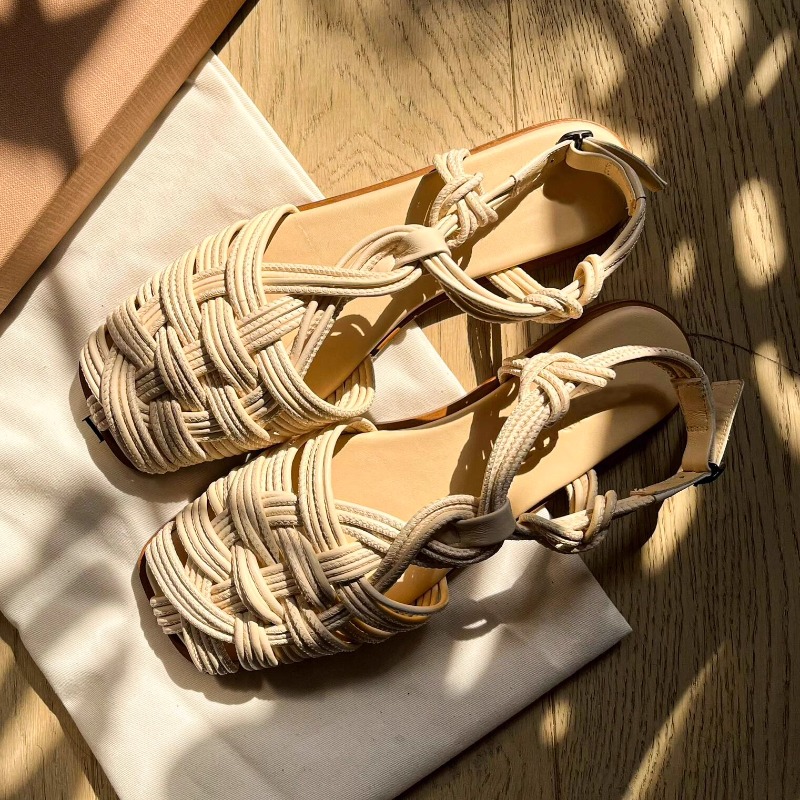 Women'S Shoes Hands Free - รองเท้าแตะโรมันแบบสานมือพื้นเรียบสไตล์วินเทจ รองเท้าผู้หญิง ฤดูร้อน 2026 สายรัดหลัง หนังแท้